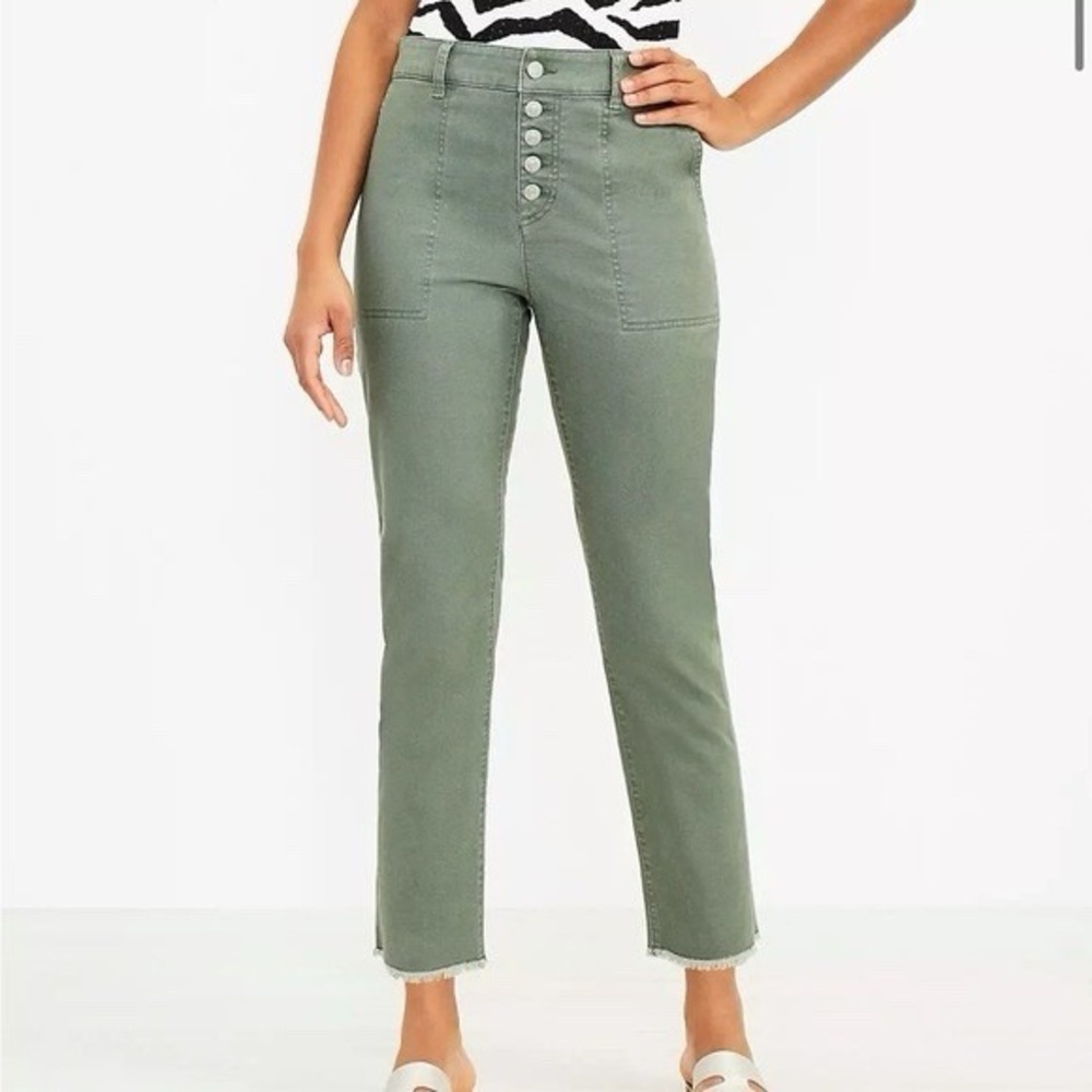 LOFT High Rise Button Fly Utility Pants Womens Size 0 Green Frayed Hem Cotton
